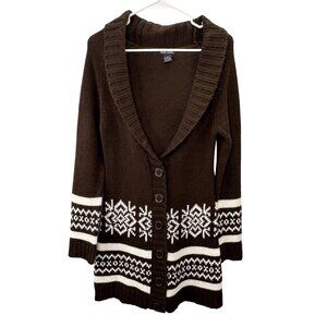 Vintage Y2K Wet Seal Cardigan Duster Sweater M Brown Long Nordic Fair Isle